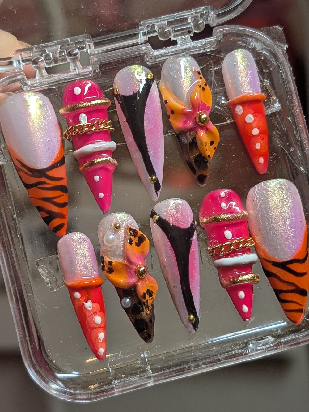 Custom Press-On Nail Set - Pink, Orange, Black, White